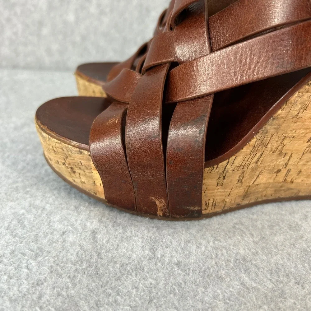 Tory Burch Ace Wedge Heels Brown Sienna Leather Strappy Cork Sandals Size‎ 7 M